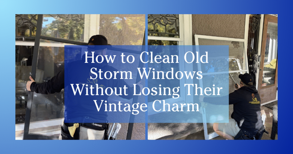 blue gradient to white border two images of person cleaning windows text reads how to clean old storm windows without losing their vintage charm