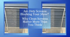 blue gradient to white border two images of window screens - left is dirty and cloudy, right is clean and clear - text reads Are Dirty Screens Blocking Your Shine? Why Clean Screens Matter More Than You Think