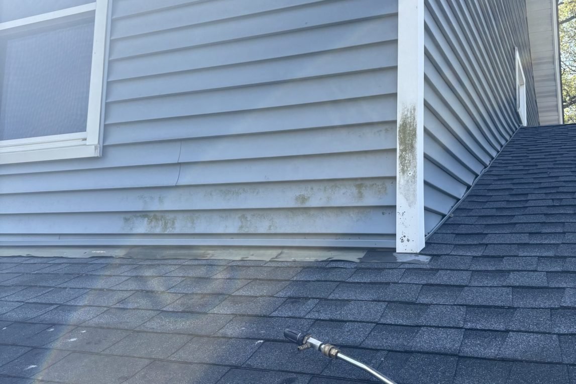 roof and siding with mold and algae being spraying with soft washing